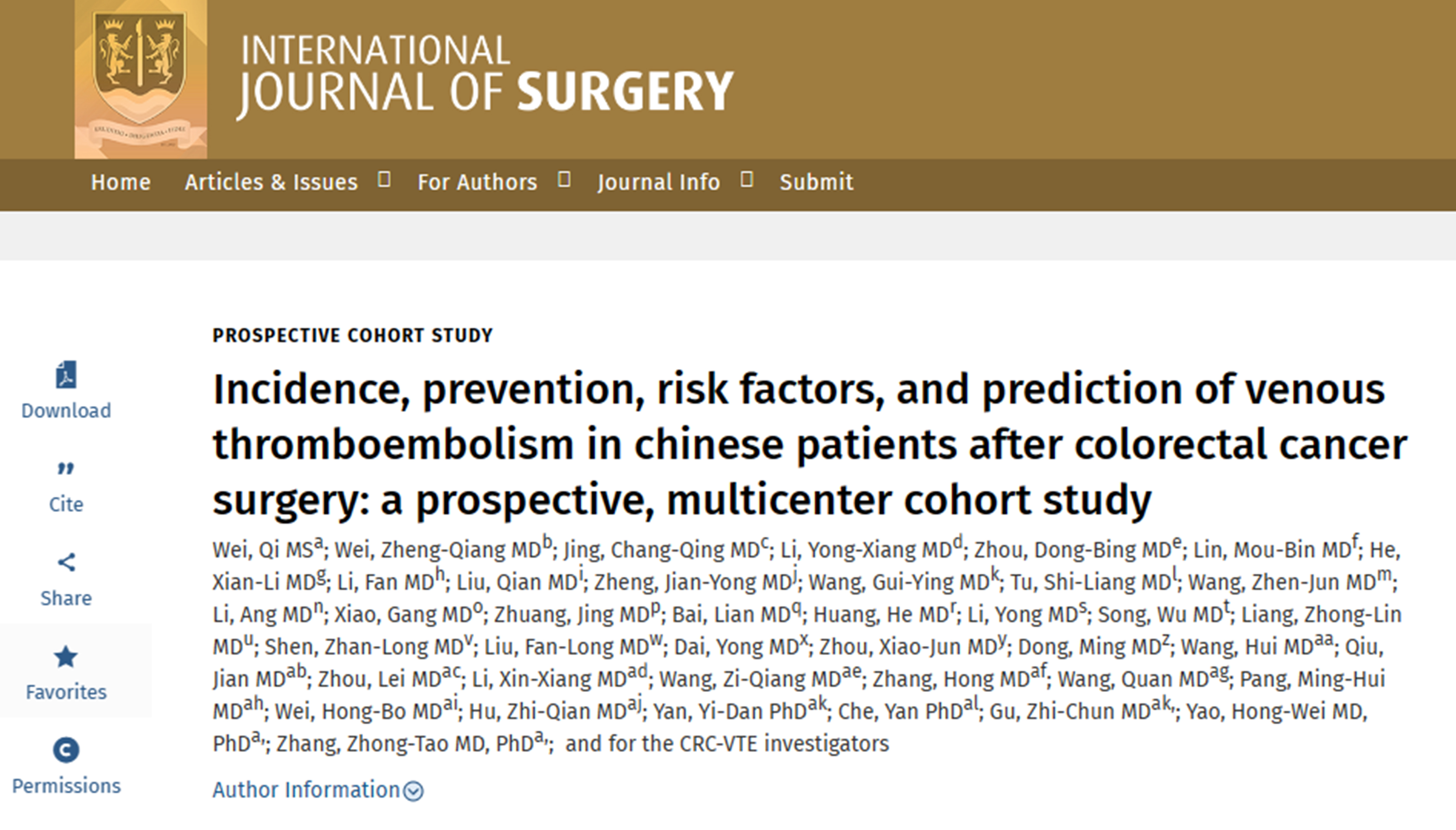 中國專家團(tuán)隊(duì)首次闡述中國結(jié)直腸癌患者術(shù)后 靜脈血栓栓塞(VTE)發(fā)生率、預(yù)防和預(yù)測模型